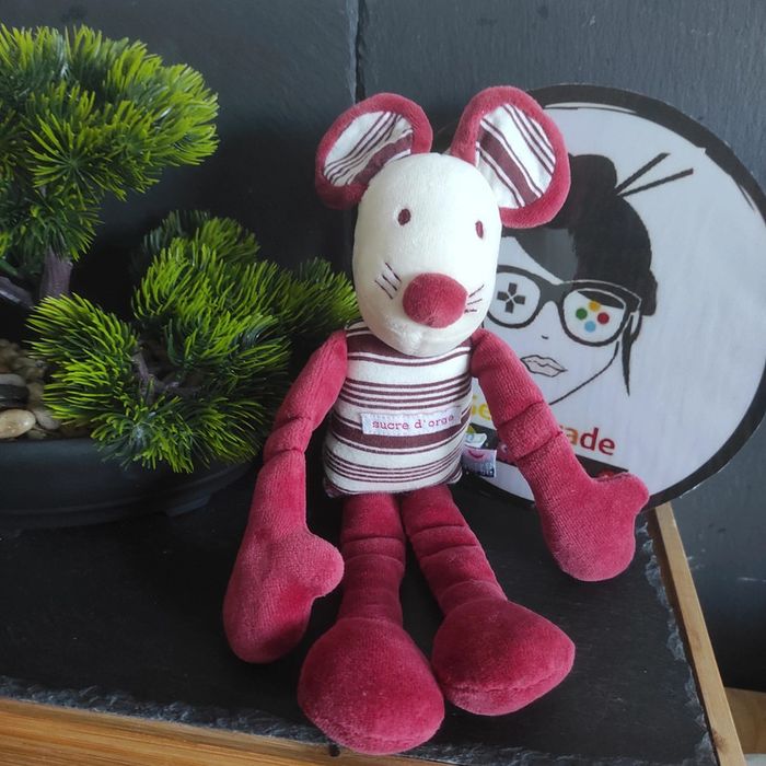sucre d'orge Doudou souris bordeaux rouge rayé peluche marron