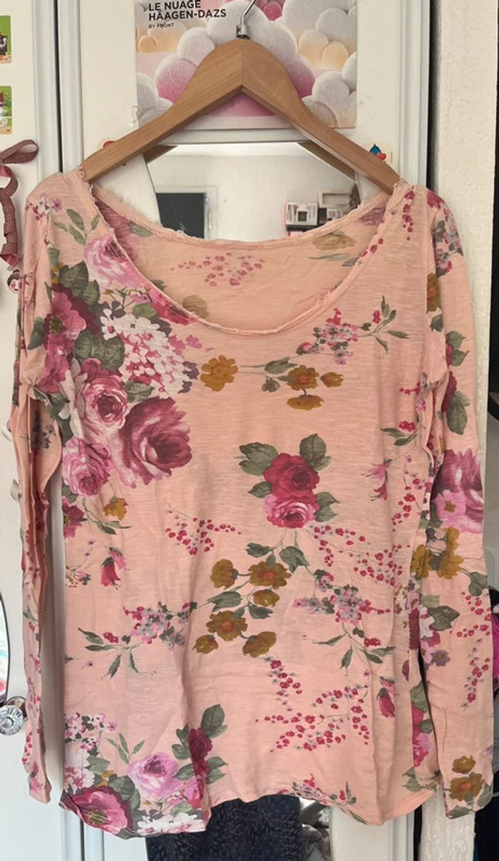 Pull col rond, rose clair à motif fleuris, 100% coton, fabriqué en Italie , M