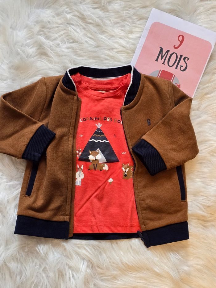 NEUFS (non portés!!!)🥰🤎🤩😍 sweat molleton zippé et teeshirt ml 9 mois garçon 🤎🤩😍 - photo numéro 2