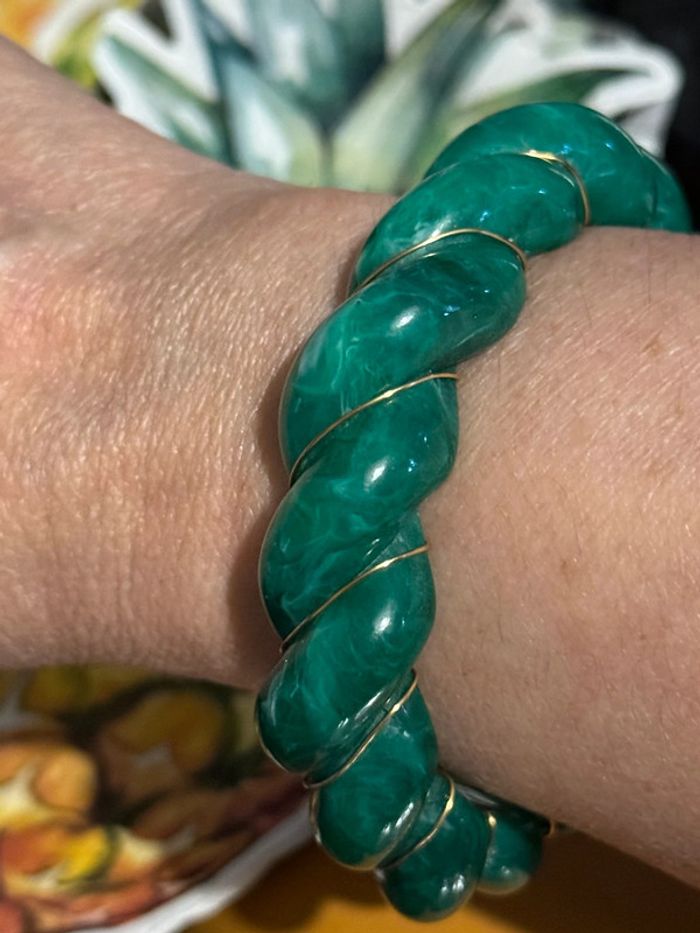 Jonc mile Mila torsades tressé résine verte reflets fils or acier inoxydable or taille M - photo numéro 4