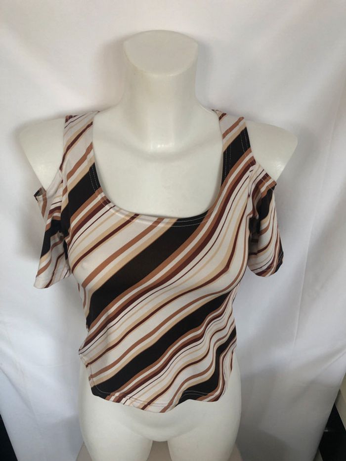 Haut rayé col carré épaules découvertes marron blanc et beige taille 36 vintage très bon état