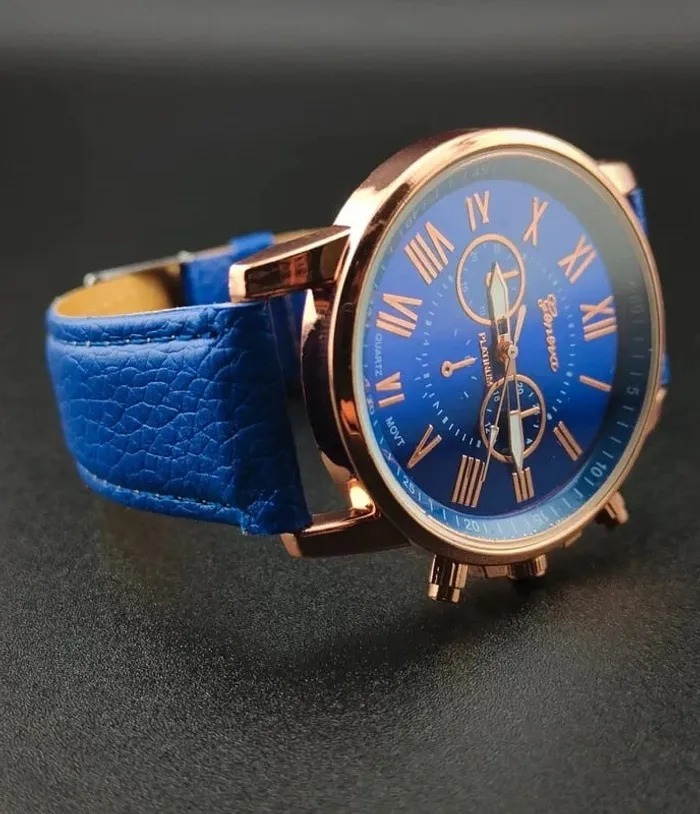 Montre bleue élégante, orange-doré, style vintage-classique