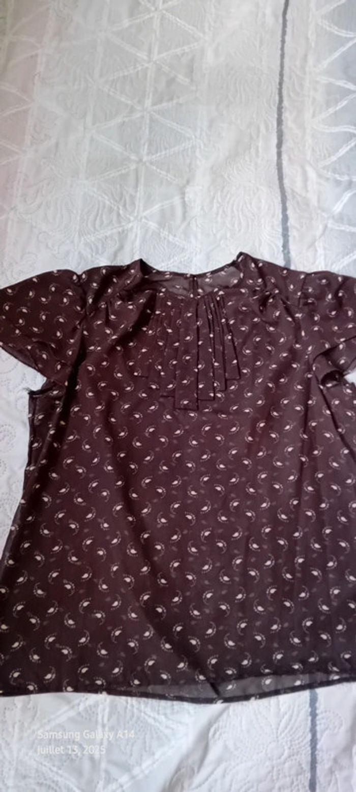 Blouse en voile manches volantées col cravate motif plumes marron femme L - photo numéro 12