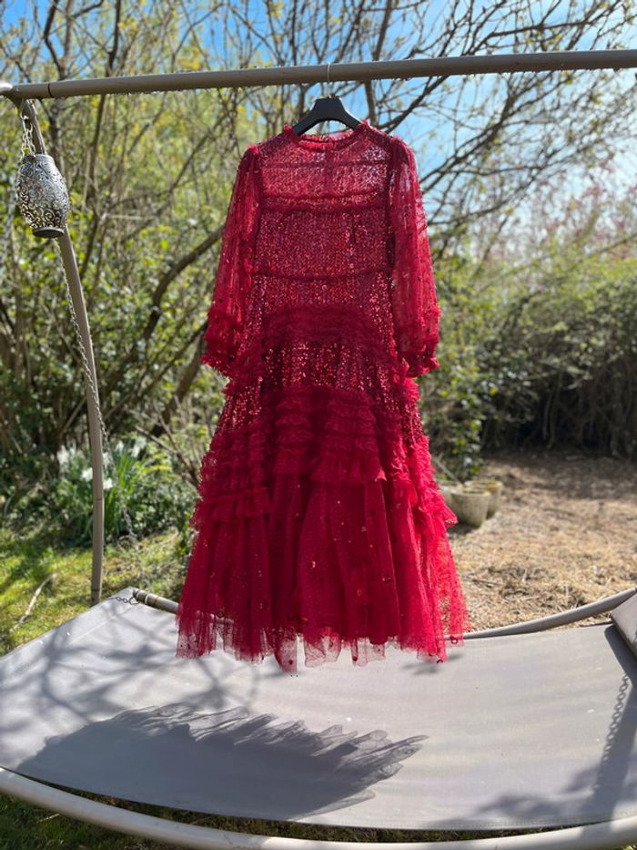 Robe longue Rouge voile paillettes jupon froufrou T 40 - photo numéro 2