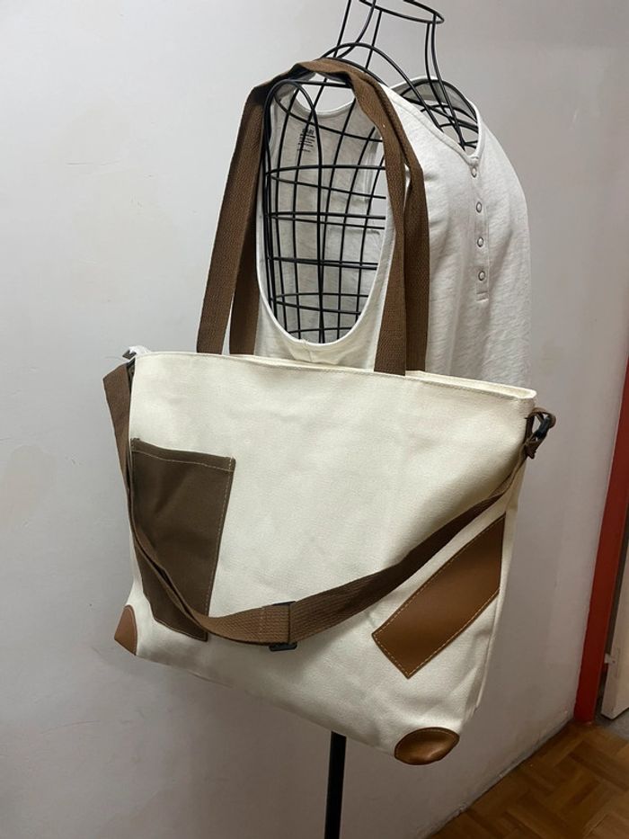 Sac fourre-tout toile marron blanc - photo numéro 5