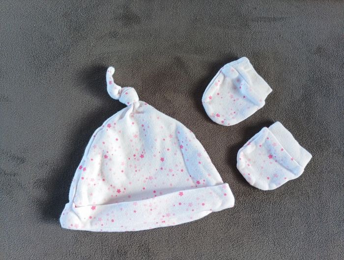 Ensemble bonnet + moufles bébé Fille Naissance 0 mois étoiles - photo numéro 2