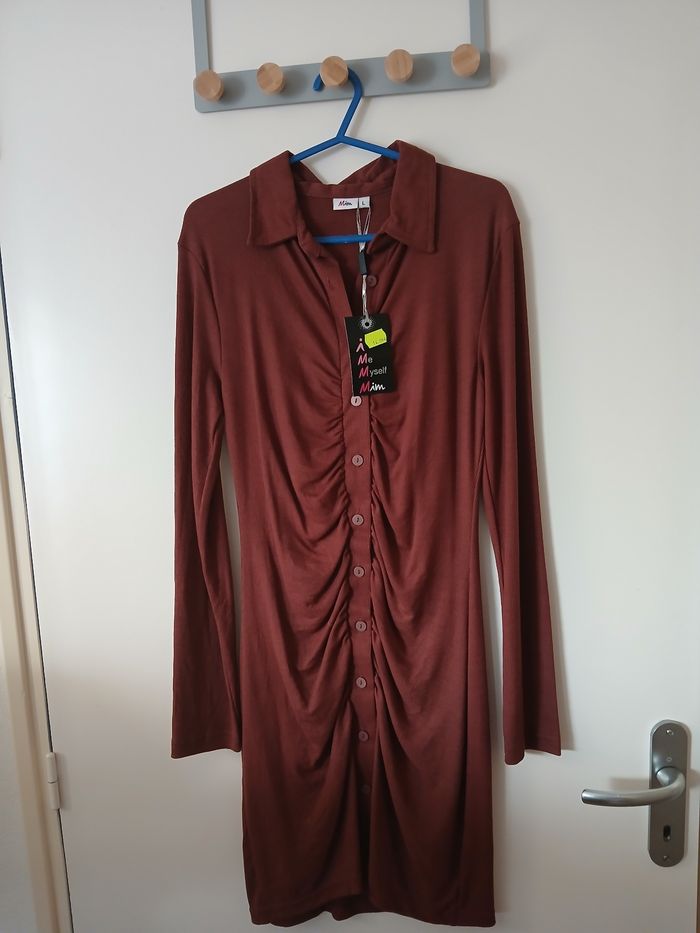 Robe froncée à col polo - Marron chocolat