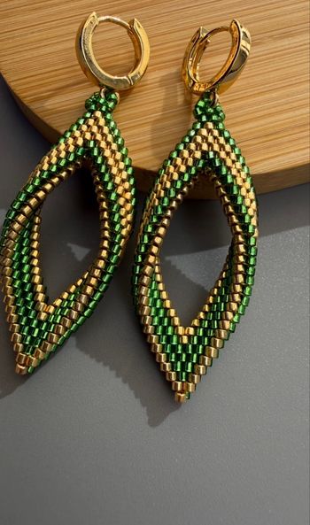 Boucles d’oreilles en perles Miyuki vert et doré 6 cm fait main 