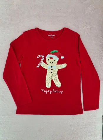 T-shirt de Noël manches longues 8 ans Rouge motif lutin en sequins réversibles argentés ou blanc