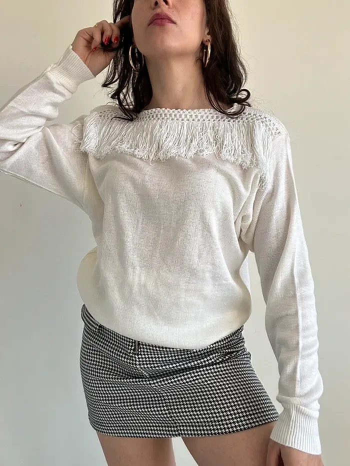 Pull blanc vintage années 80 à franges taille M - photo numéro 4