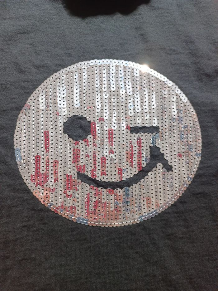 T-shirt noir smiley rainbow S sequins brillant doré argenté - photo numéro 2