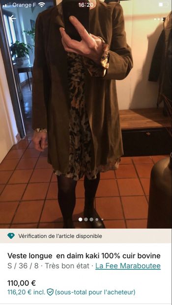 Veste longue en daimcuir de bovin kaki 