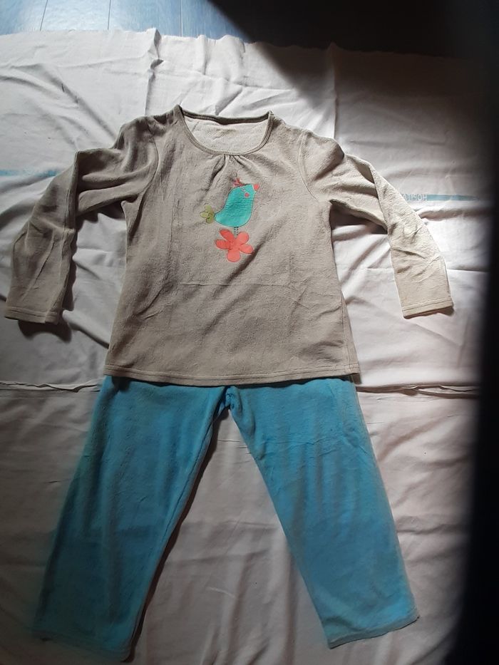 Pyjama 2 pièces bleu et gris clair motif oiseau et fleur