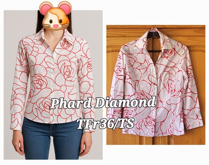 Phard Diamond Chemisier TS/TFr36 - Manche 3/4-Blanc&Rouge- Col V & Décolleté Dos