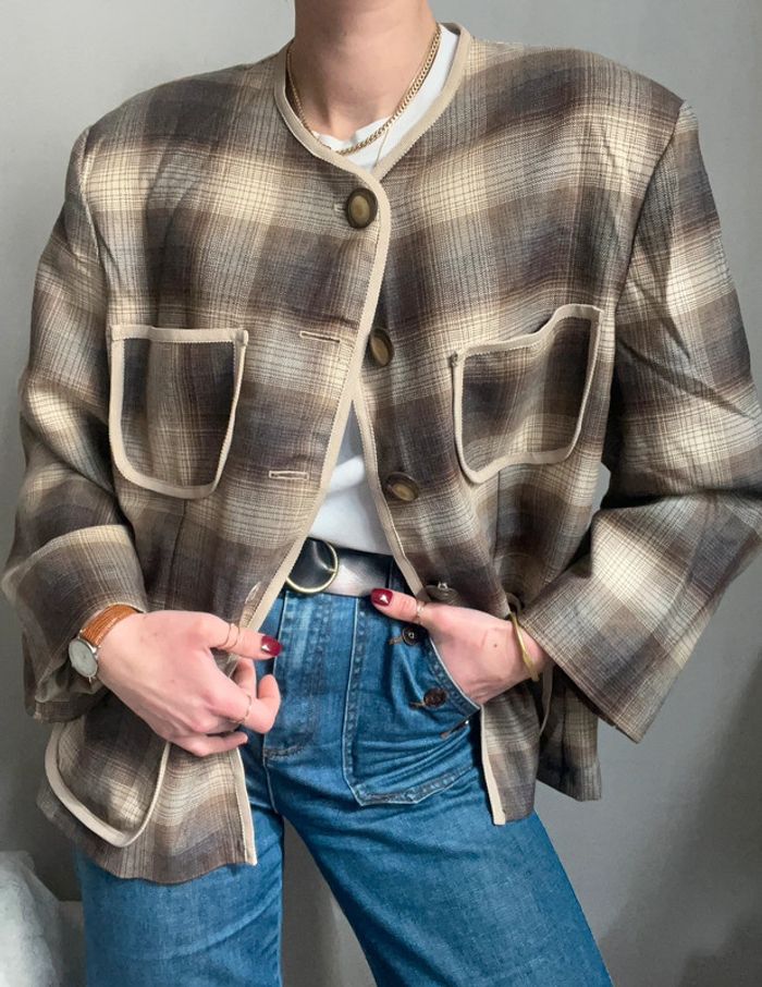 Veste droite rétro et oversize motif carreaux / rayure marron et beige - photo numéro 6