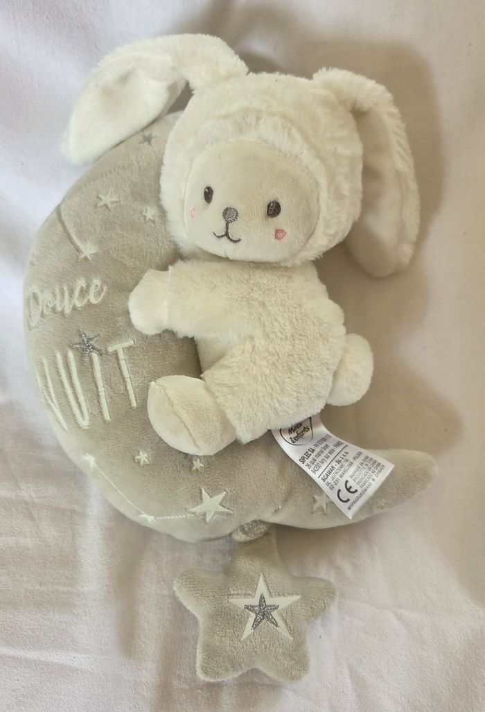 Doudou peluche musicale lune grise  douce nuit ours déguisé en Lapin douce nuit - Mots d'enfants