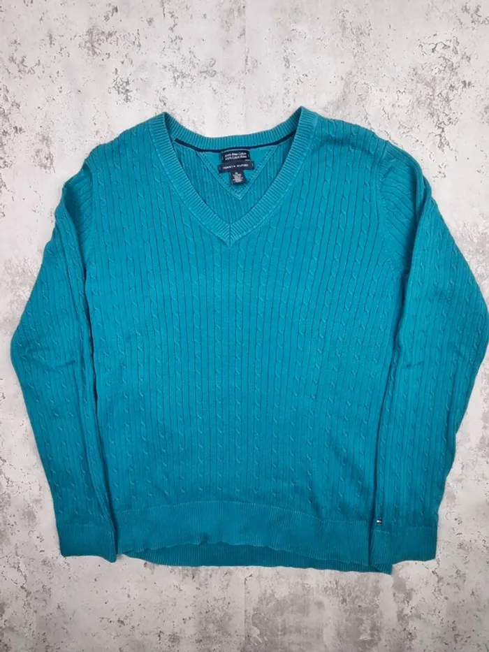 Pull torsadé col V Tommy Hilfiger bleu turquoise, XL Femmes - photo numéro 3