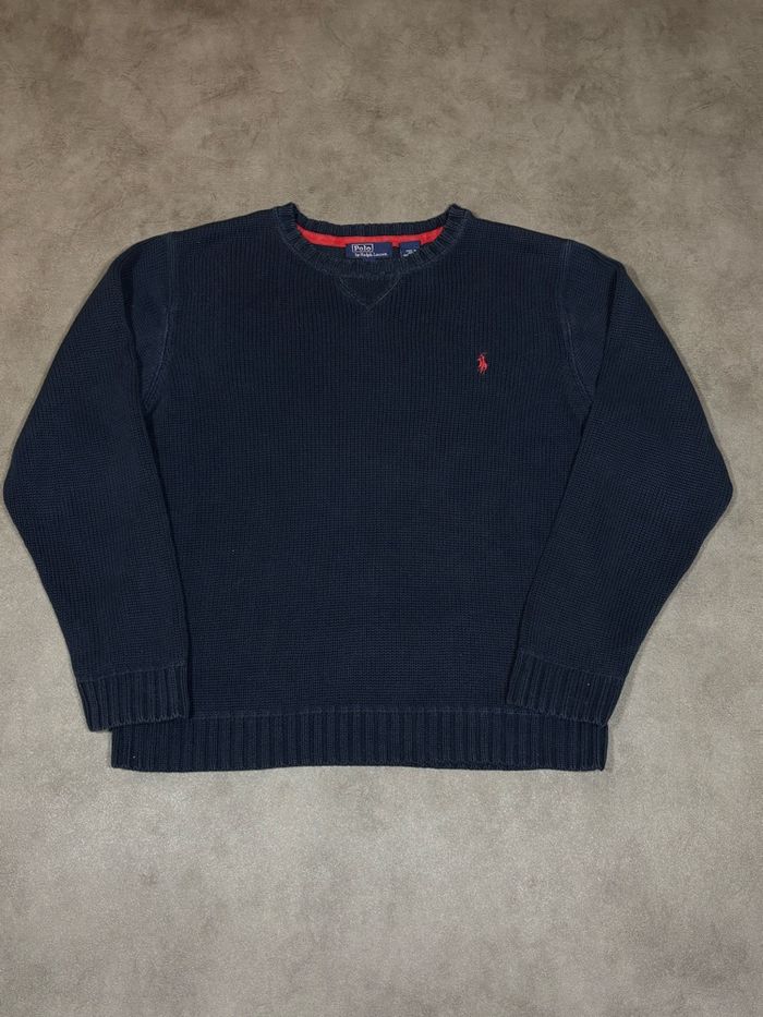 Pull Polo Ralph Lauren col rond | Taille M | bleu marine logo rouge brodé | maille 100% coton - photo numéro 2
