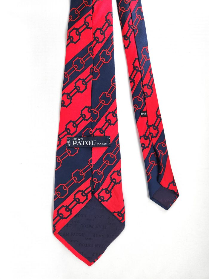 Cravate Jean Patou Soie Homme Rouge Marine Chaîne Maillons Motif Luxe Vintage - photo numéro 3