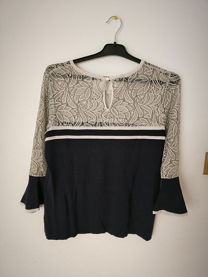 Haut avec dentelle bleu blanc Morgan taille s - photo numéro 5