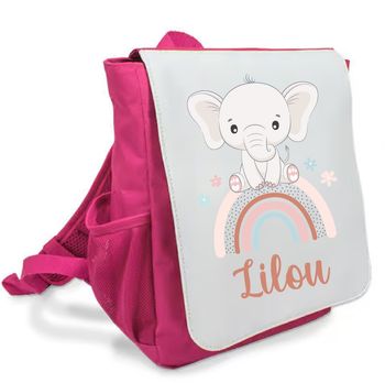 Sac à dos rose maternelle personnalisé prénom - Éléphanteau et arc-en-ciel pastel - Rabat imprimé amovible - Sac crèche fille