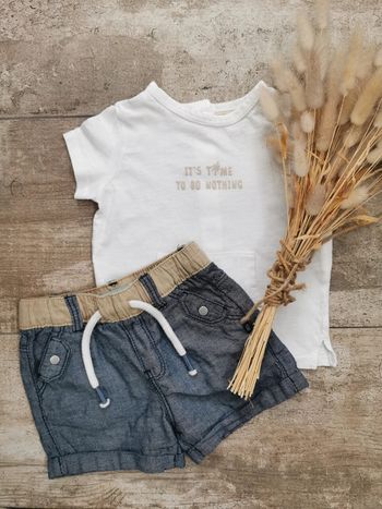 🌺Lot Joli Ensemble teeshirt blanc/short denim 6mois Obaibi Kiabi