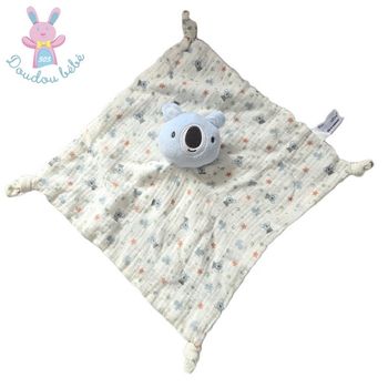 Doudou plat Koala bleu lange blanc motifs Mes Petits Cailloux