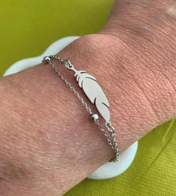 Bracelet perles et plume en acier inoxydable argenté