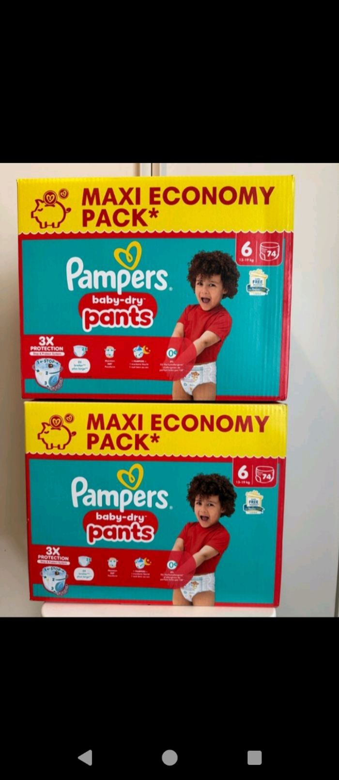 Lot 2 cartons Pampers pants taille 6, 2x 74 couches