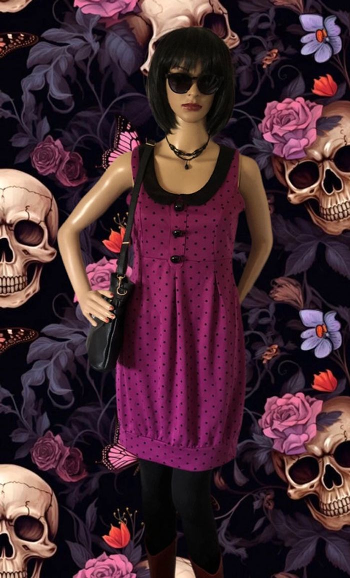 🩷Robe fuchsia pois noir Y2K coquette rock gothic style polka dots dress - photo numéro 2