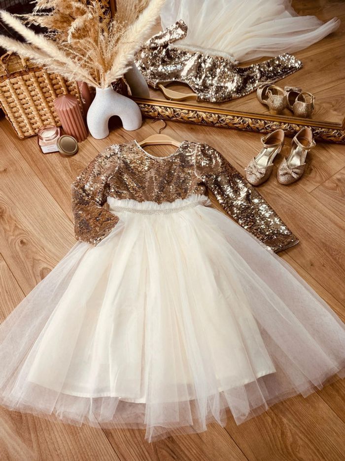 Taille ans Robe à manches longues fille TAO crème dorée tulle