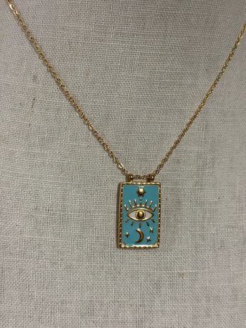 Collier réglable acier inoxydable or médaille carrée étoiles  œil lune