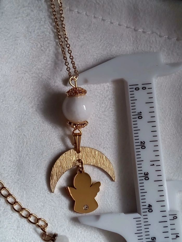 Collier pierre de lune , lune et ange avec zircon en acier inoxydable - photo numéro 4