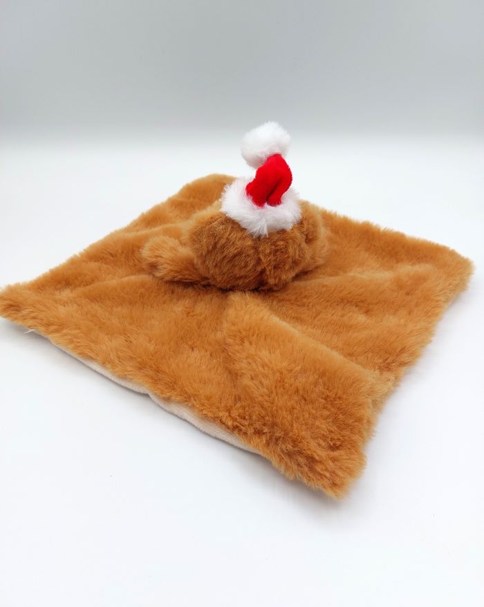 TEX Baby Doudou plat ours fourrure marron beige bonnet de Noël Carrefour comme neuf étiquette coupée - photo numéro 2