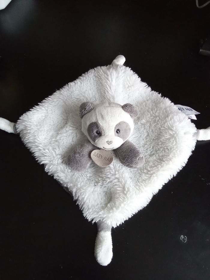 Doudou panda carré, mouchoir, blanc, gris  baby nat'