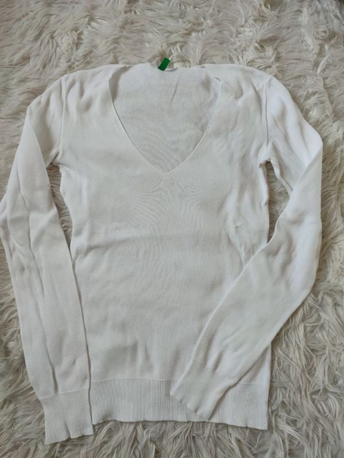 Pull coton blanc Benetton col v xs