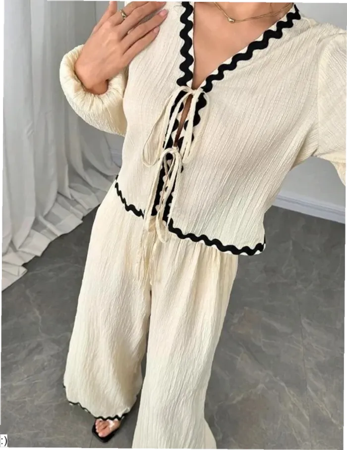 Ensemble Femme Crème Zigzag Noir - Chemise Pantalon Large Taille XS Neuf Jamais Porté