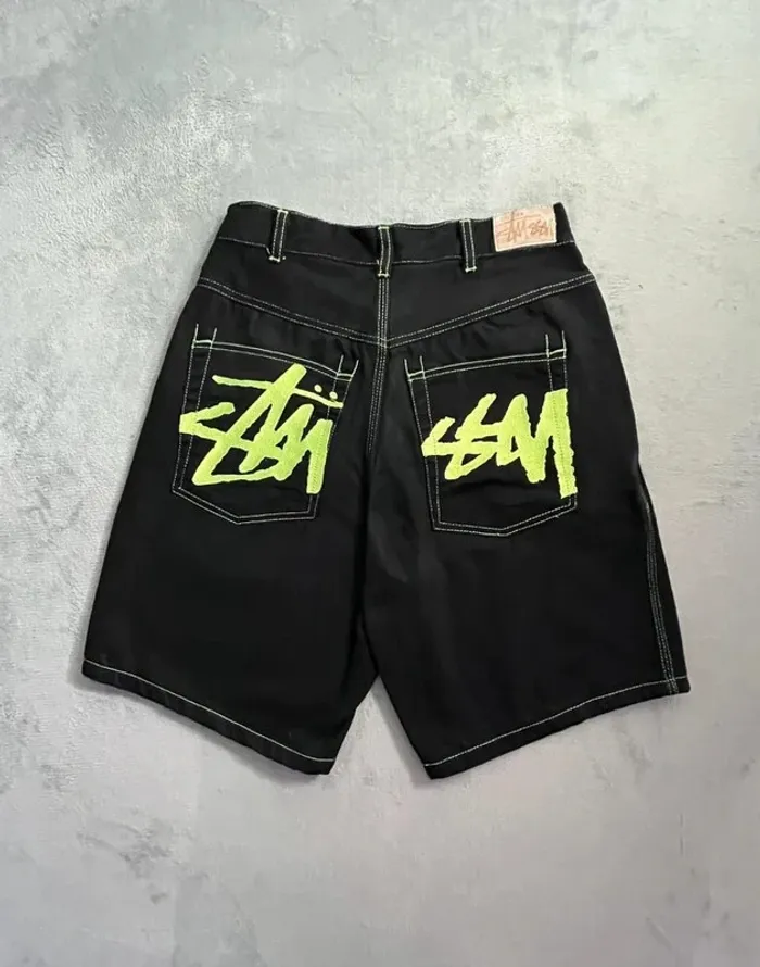 Short/Jort Stussy Black Embroidered Green Lime Big Logo Back – Taille L