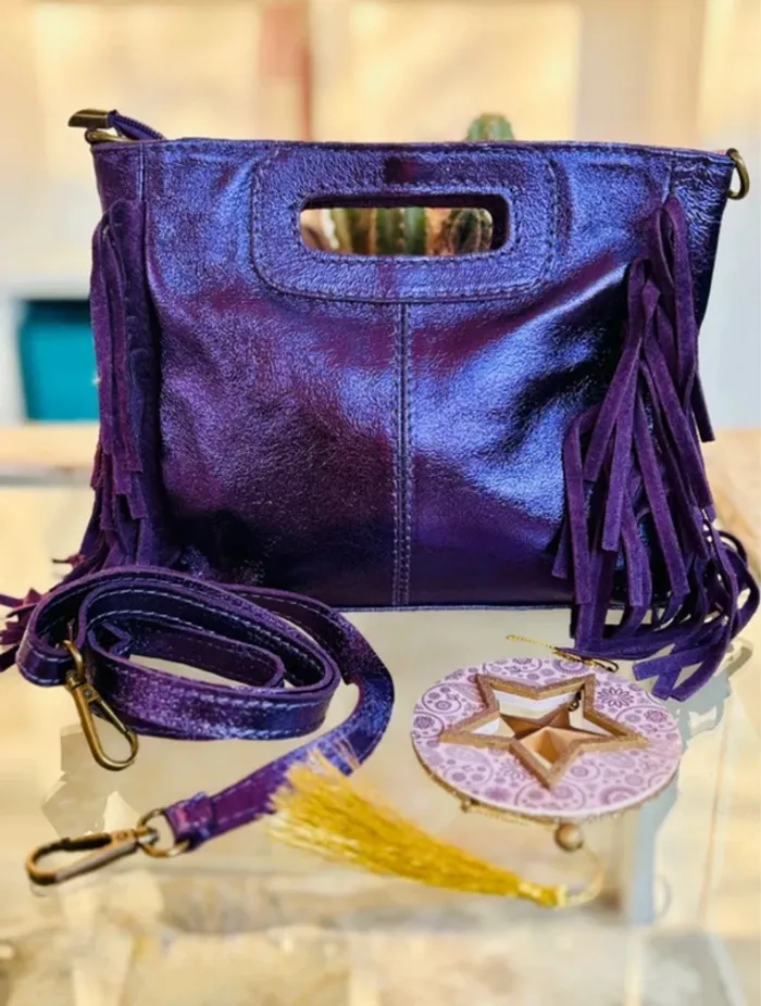 Sac bohème cuir violet irisé avec bandoulière - photo numéro 8