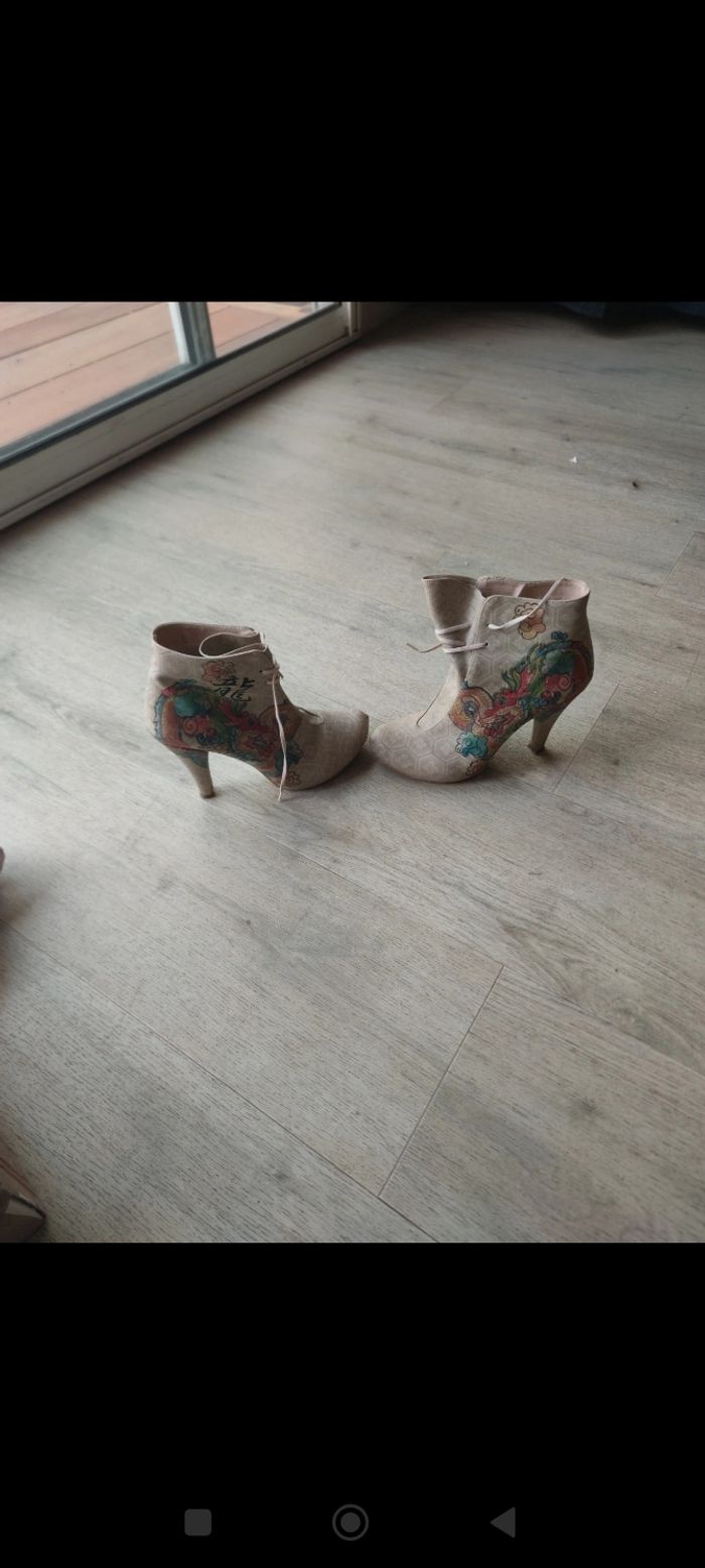 Bottines 38 Dogo femme a talons 8-9cm beige dessin multicolore - photo numéro 2
