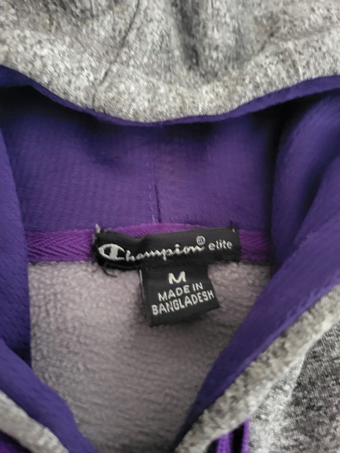 Sweat / Hoodie Champion gris chiné et Violet logos brodés - M - photo numéro 5