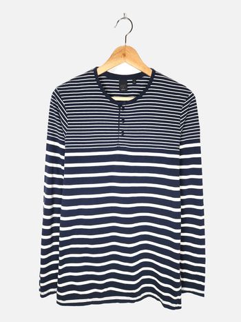 Le Temps des Cerises T-shirt Henley Homme Rayé Bleu Marine Blanc Coton Taille M