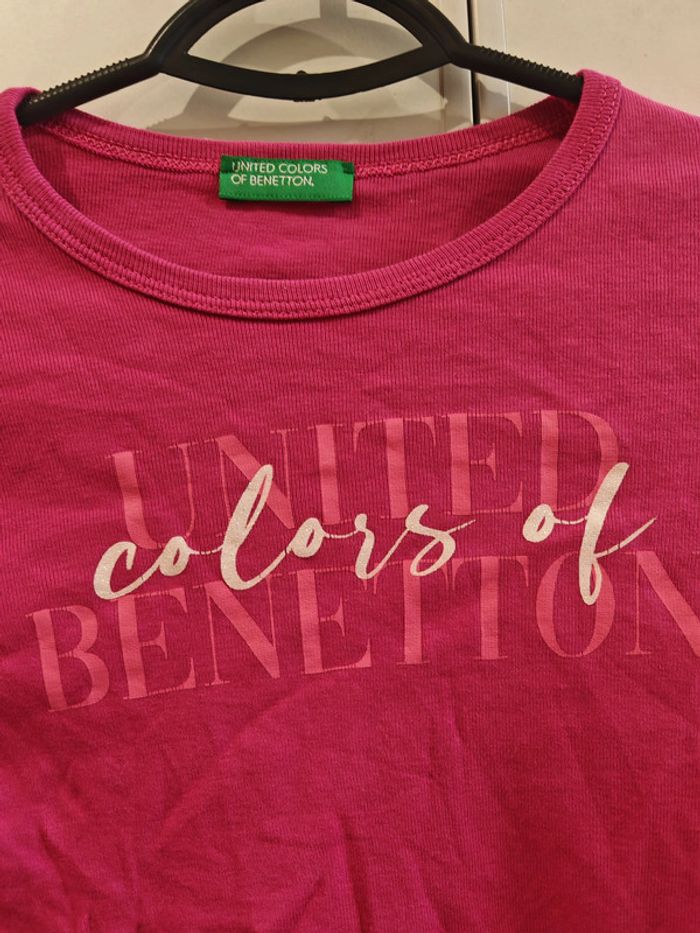 T-shirt manches longues Benetton rose 7-8 ans 👧 100% coton, logo imprimé - photo numéro 2