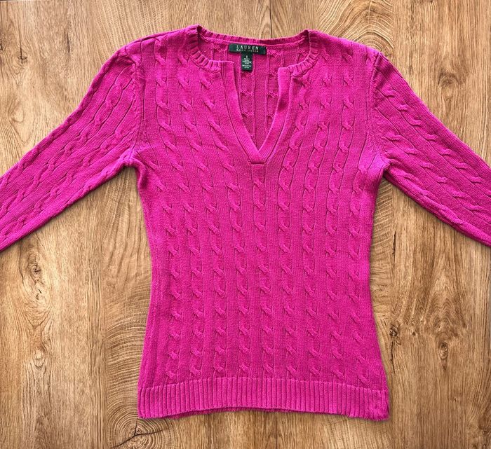 Pull torsadé rose col V Lauren Ralph Lauren pour femme, taille S - photo numéro 2