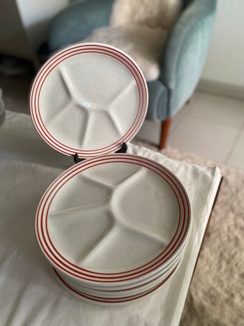Lot de 6 assiettes à fondue vintage - Ceraminter Firenze - Année 60, filets rouges - très bon état