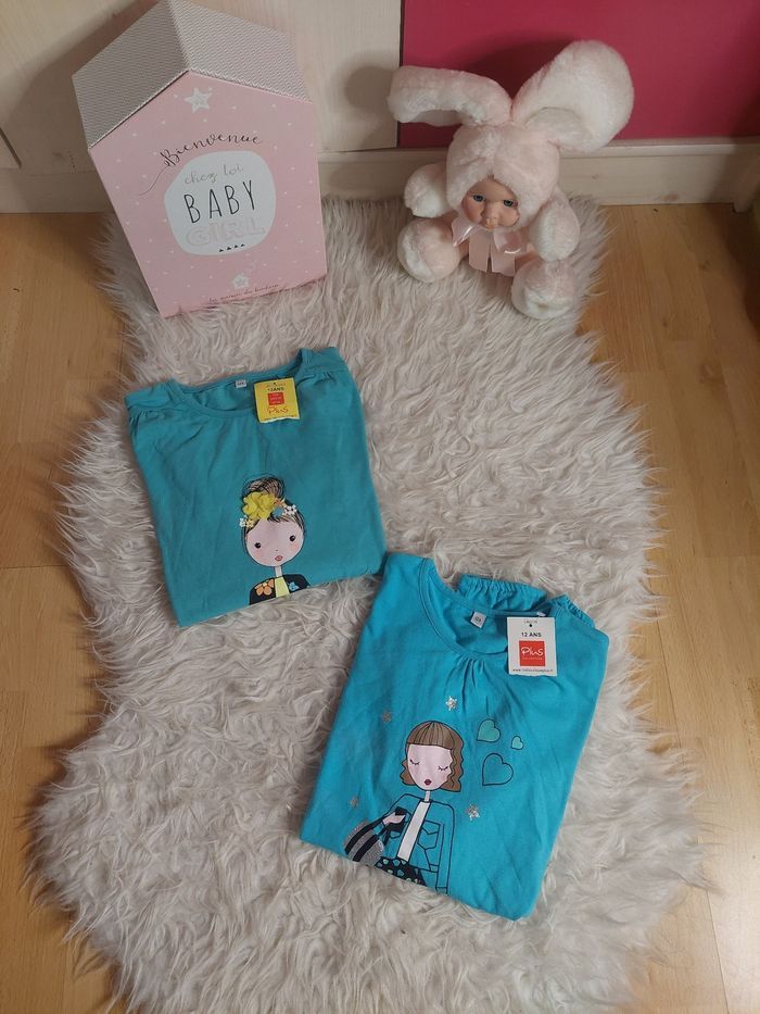 Lot 2 t-shirts ML bleu dessins fantaisies 12 ans neufs 👧