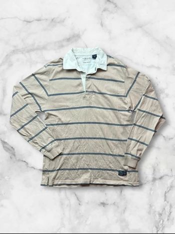 Polo rugby manches longues IZOD Retro Varsity rayé beige et bleu - Taille S