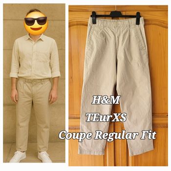 H&M Pantalon TEurXS- Beige -Coupe Regular Fit avec Taille à Passants, Elastiquée & Cordon en TBE