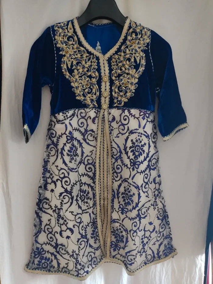 Caftan bleu en velours et mousseline pour fille - photo numéro 5
