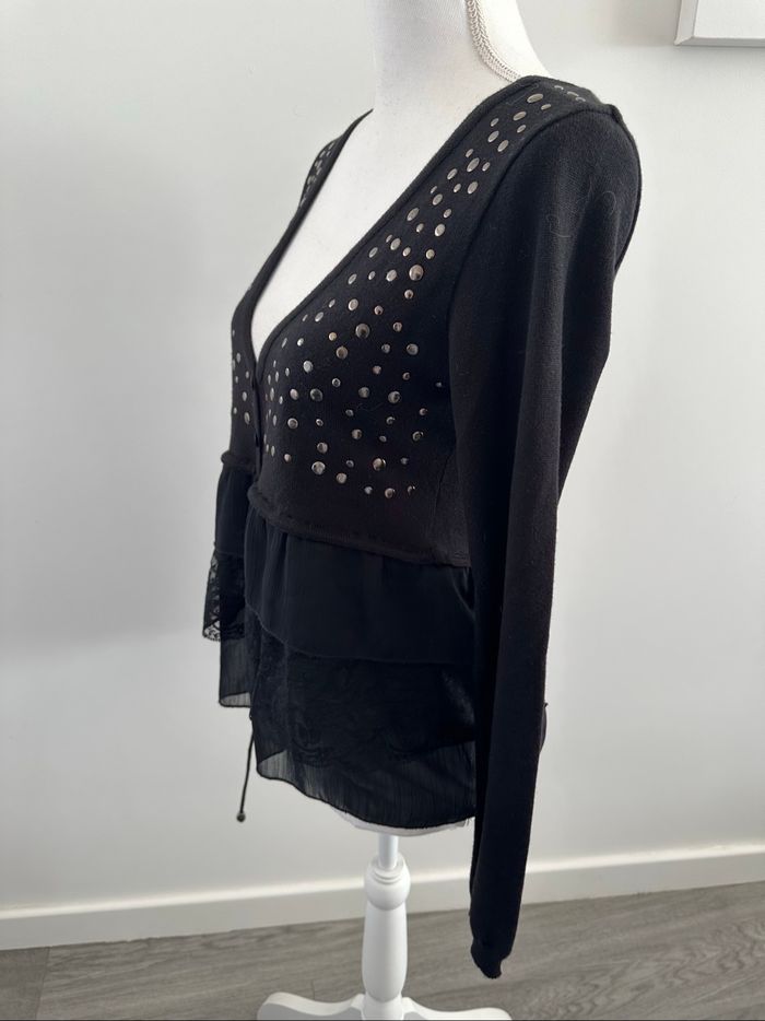 Cardigan blouse noir et argenté clous mesh dentelle Morgan T38 M - photo numéro 3